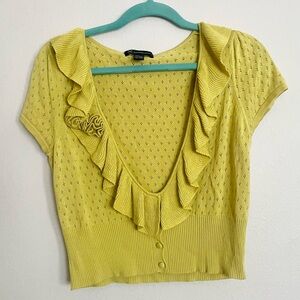 INC International Concepts Chartreuse Ruffled Cropped Silk Blend Cardigan